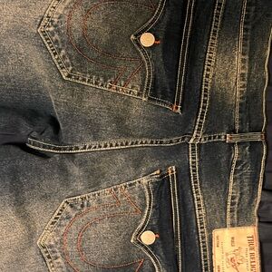 True Religion Blue Jeans with Tan Stitching